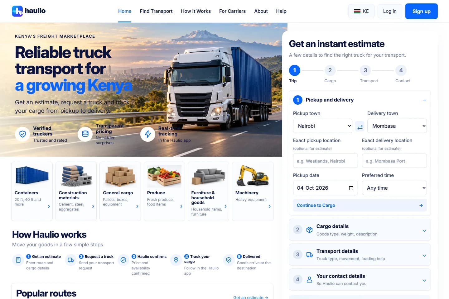 Actual Haulio freight estimation interface