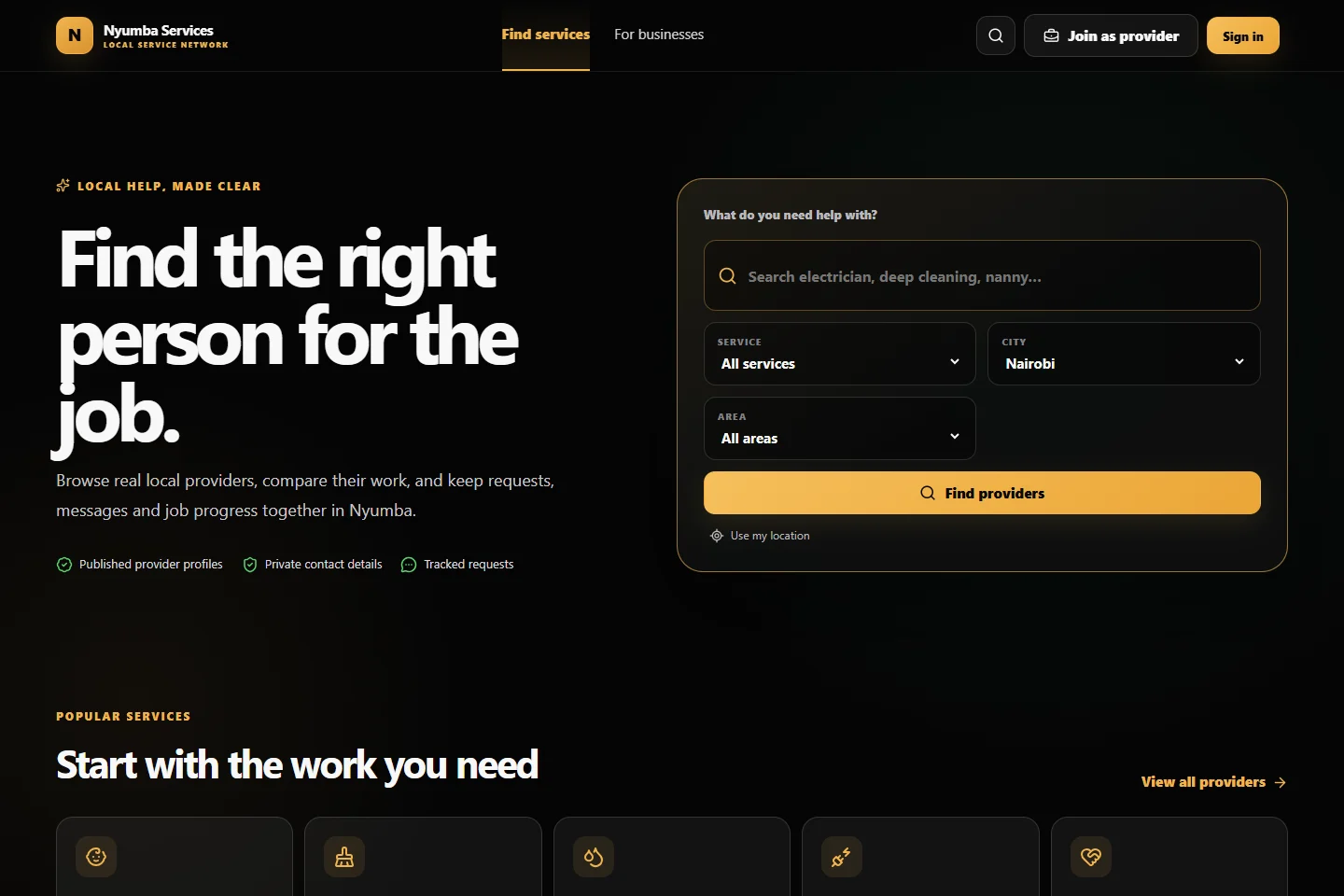 Actual Nyumba Services website showing service and location discovery