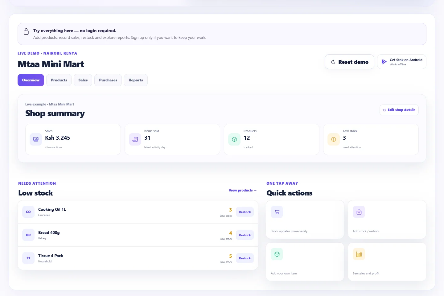 Actual Stok public example-shop screen with sales and inventory interface