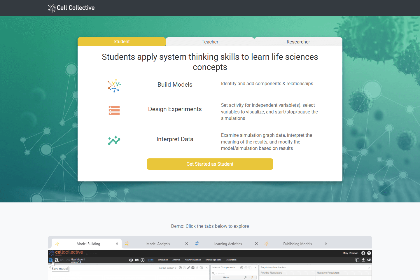 Public Cell Collective website showing its biological modeling, simulation and analysis platform